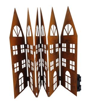 Preview: Metall Häuser- Silhouette in Rostoptik mit LED 96x40cm